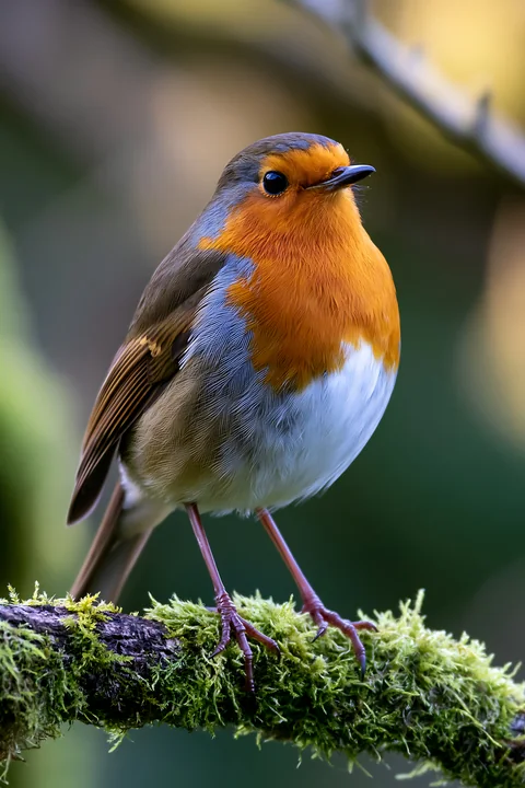 European robin perched on a moss-covered branch against a softly blurred woodland background.