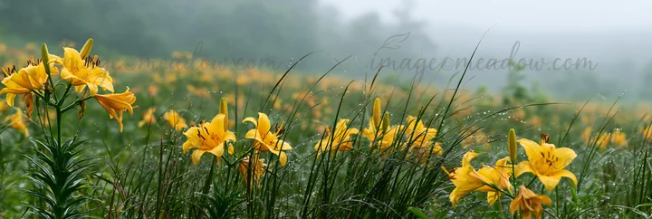 A wide meadow in Hokkaido features yellow flowers with dewdrops on the petals. The scene is set in a misty atmosphere, enhancing the vibrant colors of nature du