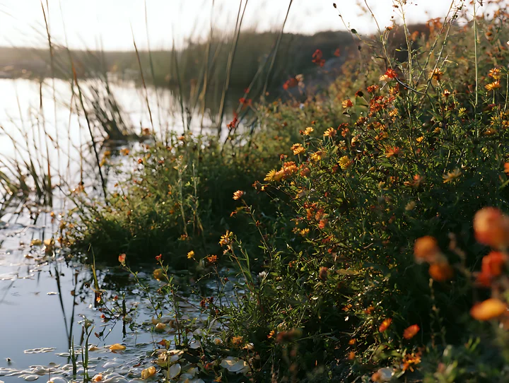 Fading autumn flowers and grasses line calm reflective water in a sunlit meadow.