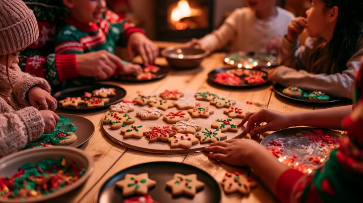 Families gather around a wooden table to decorate cookies with colorful icing and sprinkles.