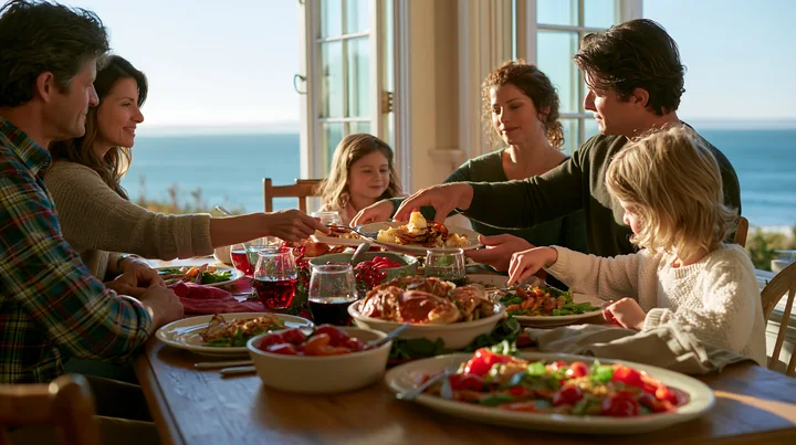 Family members celebrate together at a dining table with a meal served family-style.