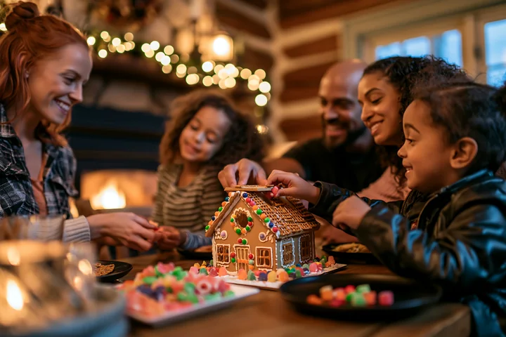 Family members decorate a colorful gingerbread house together at a table beside a warmly glowing fireplace.