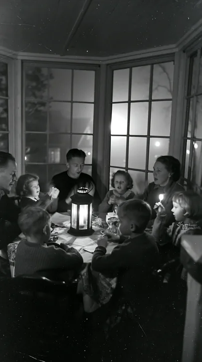Family sings around a glowing lantern at a dining table indoors near large windows.