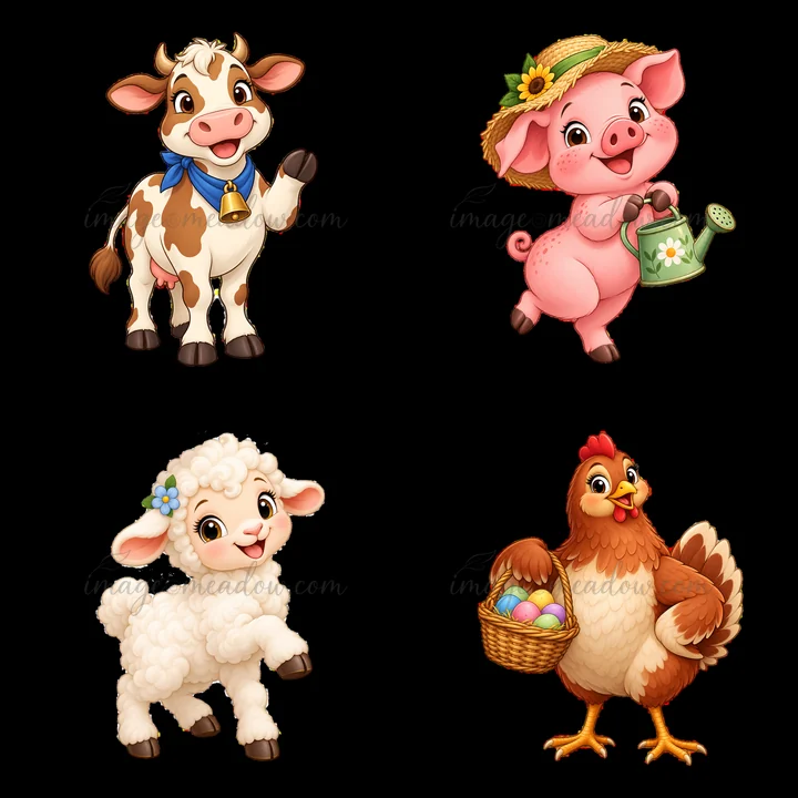 Four cartoon farm animals include a cow, pig, sheep, and chicken. The cow has a bell and smiles. The pig waters plants. The sheep is fluffy and cute. The chicke