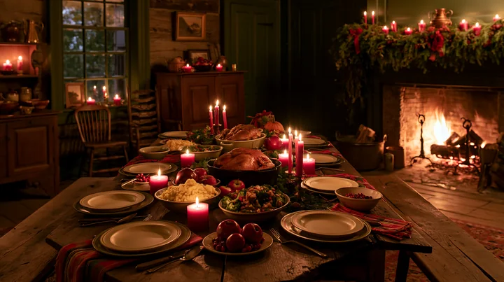 Festive dining room with a candlelit table set with food beside a glowing fireplace.