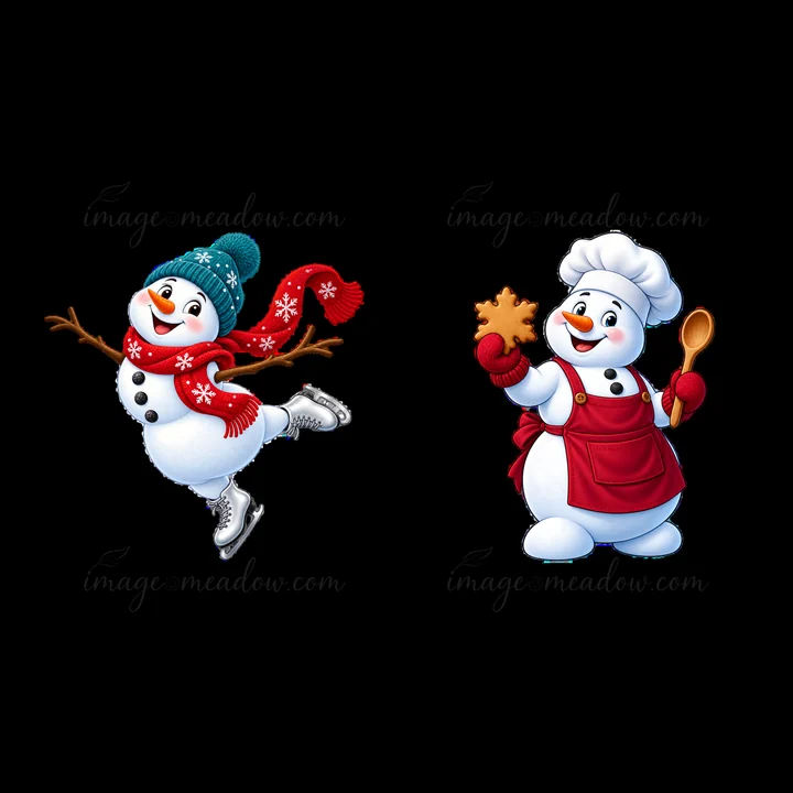 A cheerful snowman wearing a blue hat and red scarf skates joyfully while another snowman in a chef hat holds a cookie and spoon. Both figures represent festive