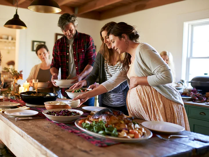 Five adults serve shared holiday dishes around a warmly lit dining table.