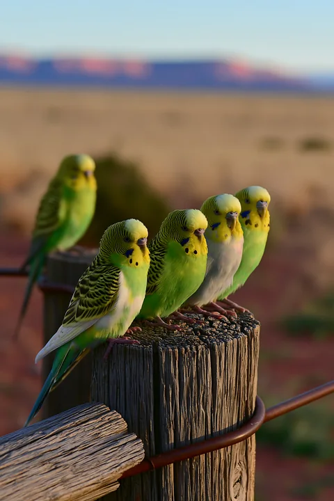 Five colorful budgerigars perch on a weathered wooden post with a softly blurred desert landscape behind them.