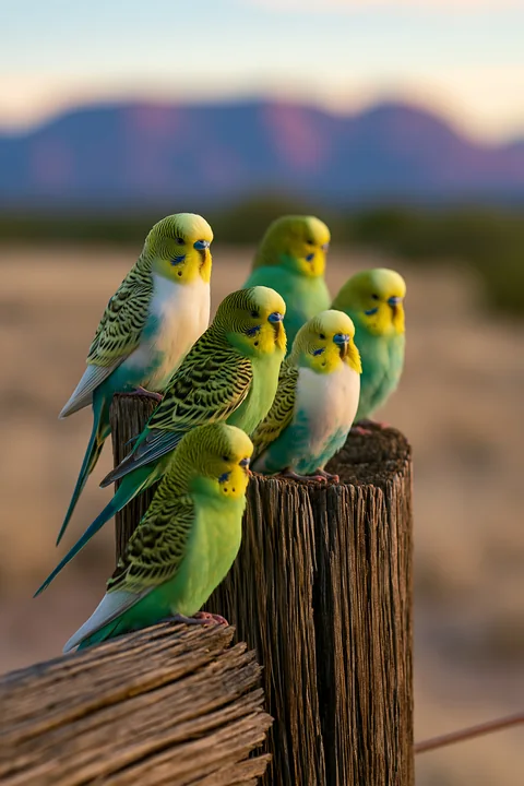 Five colorful budgerigars perch on weathered wooden posts in a desert landscape with distant mountains.