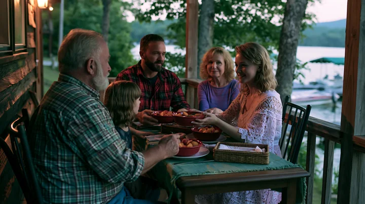 Five family members share bowls of dessert around a dinner table on a covered porch overlooking a lake.