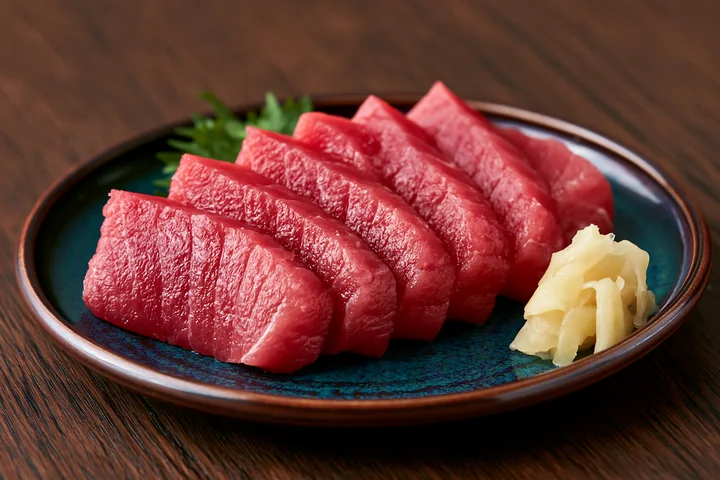 Five slices of fresh tuna are arranged neatly on a plate made of dark wood.