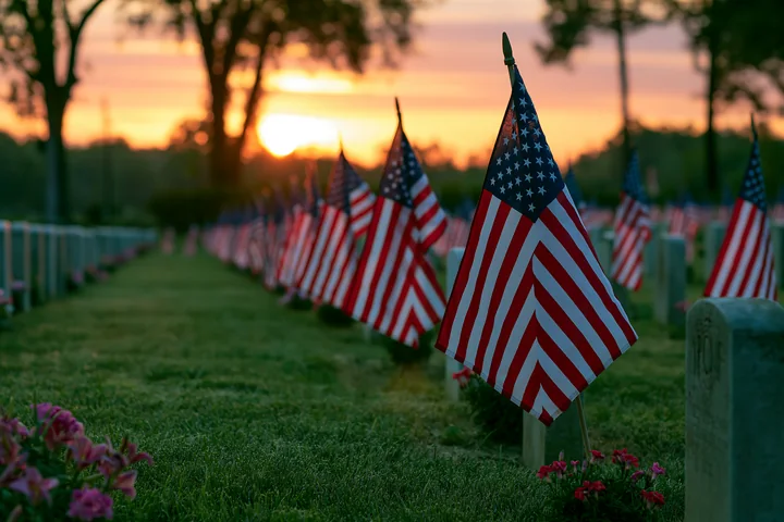 Flags mark graves in a military cemetery as the sun rises, casting light on the landscape.
