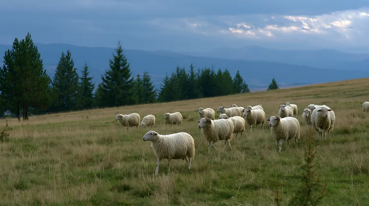 Flocks of sheep graze peacefully in a meadow under dramatic clouds.