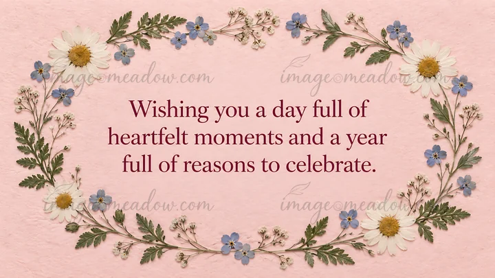 A birthday greeting with a heartfelt celebratory message in burgundy serif lettering, framed by white daisies, small blue flowers and green sprigs on a textured