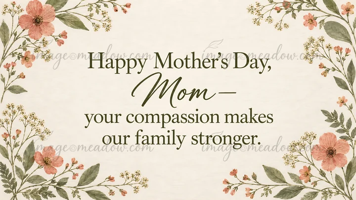 A cream textured greeting card features dark green lettering reading “Happy Mother's Day, Mom—your compassion makes our family stronger,” framed by coral flower