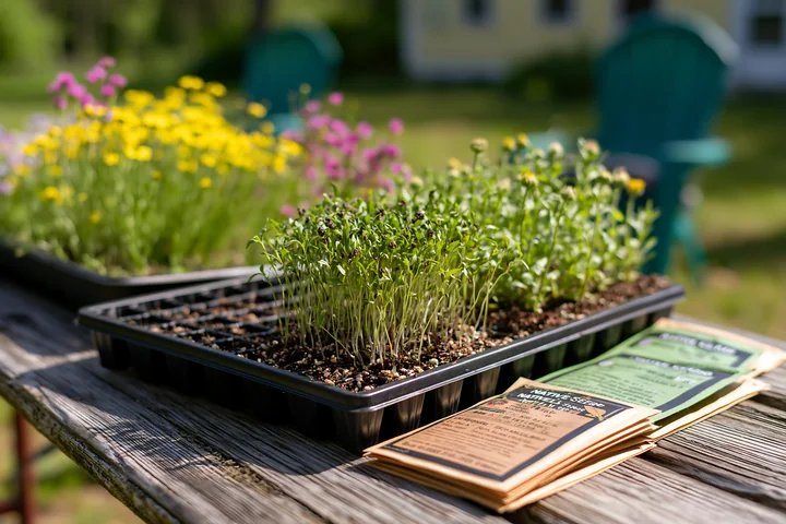 Flower seedlings grow in trays on a wooden table, with planting guides nearby.