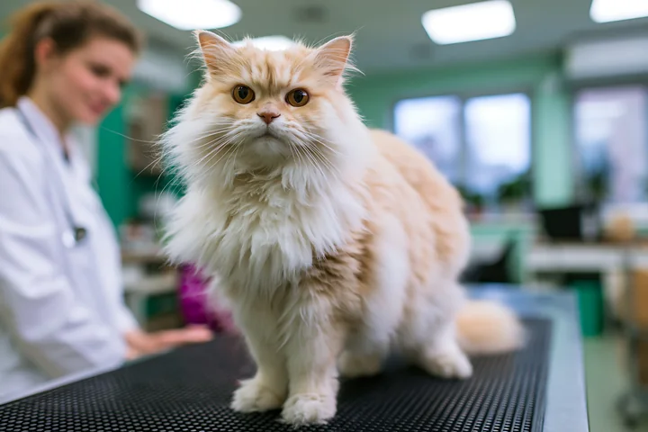 Fluffy cream-colored cat stands on a veterinary examination table while a veterinarian attends nearby.