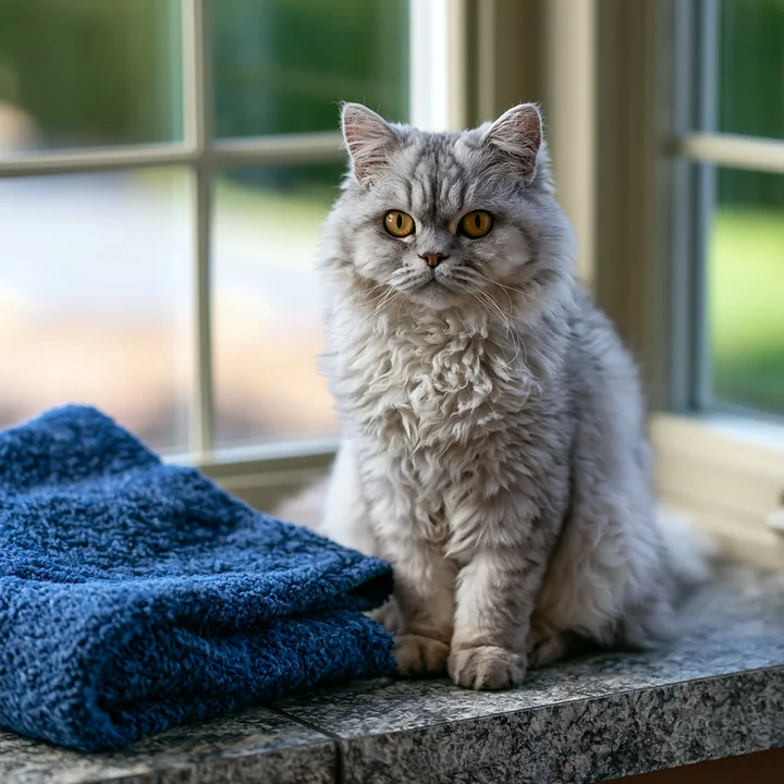 Fluffy gray Selkirk Rex cat sitting on a tiled ledge beside a blue blanket and bright window.