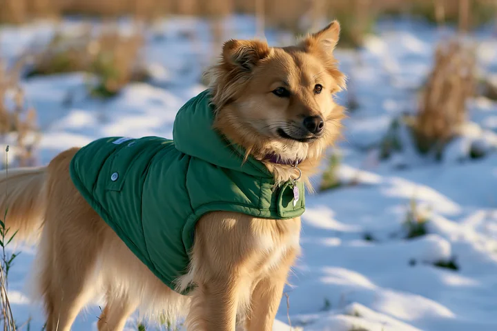 Fluffy tan dog in a green winter coat stands in a snowy outdoor setting.