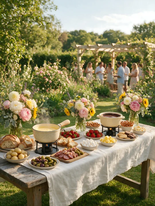 Fondue buffet table with cheese, chocolate, bread, fruit, and flowers in a sunny garden with six guests.