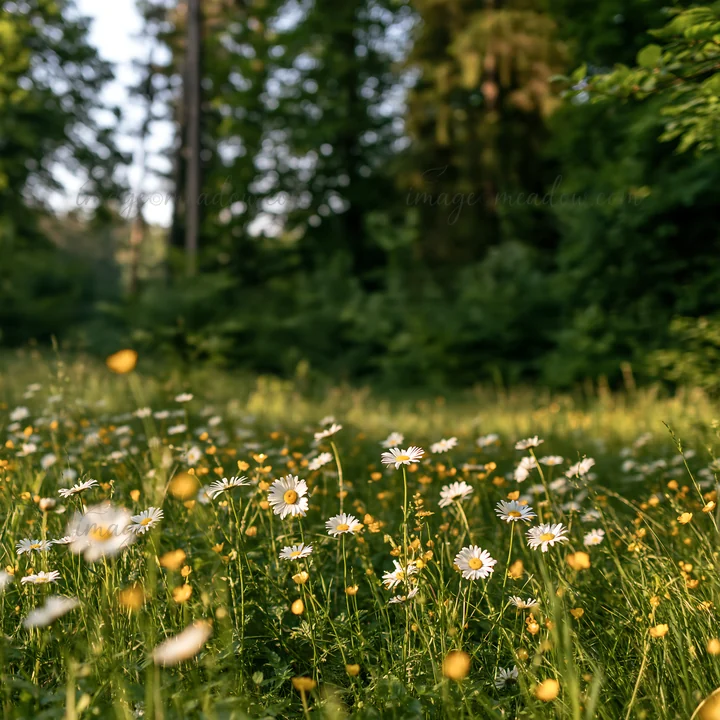 A meadow filled with white and yellow flowers is located in a forest opening. Green trees surround the area, creating a natural setting during daylight.