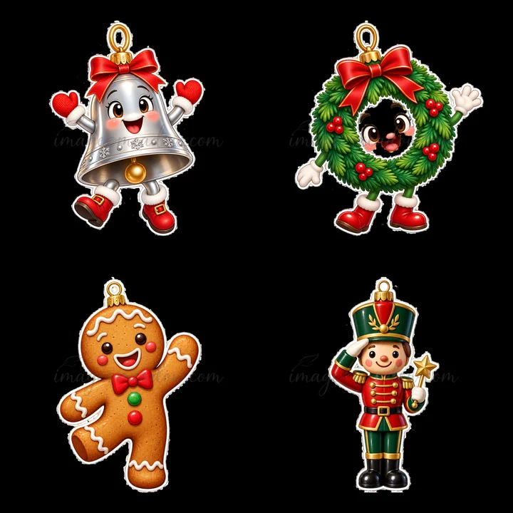 Four cartoon-style Christmas ornaments include a bell, a wreath, a gingerbread man, and a toy soldier. Each character has bright colors and cheerful expressions, adding holiday spirit to decorations.