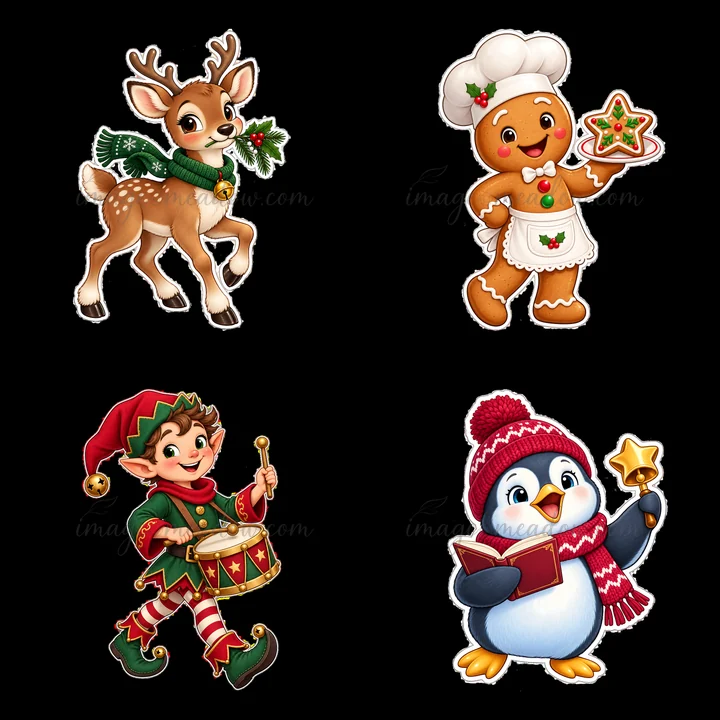 Four cartoon stickers show Christmas characters including a reindeer with a wreath, a gingerbread man wearing an apron, an elf playing a drum, and a penguin holding a book. Each character has festive colors.