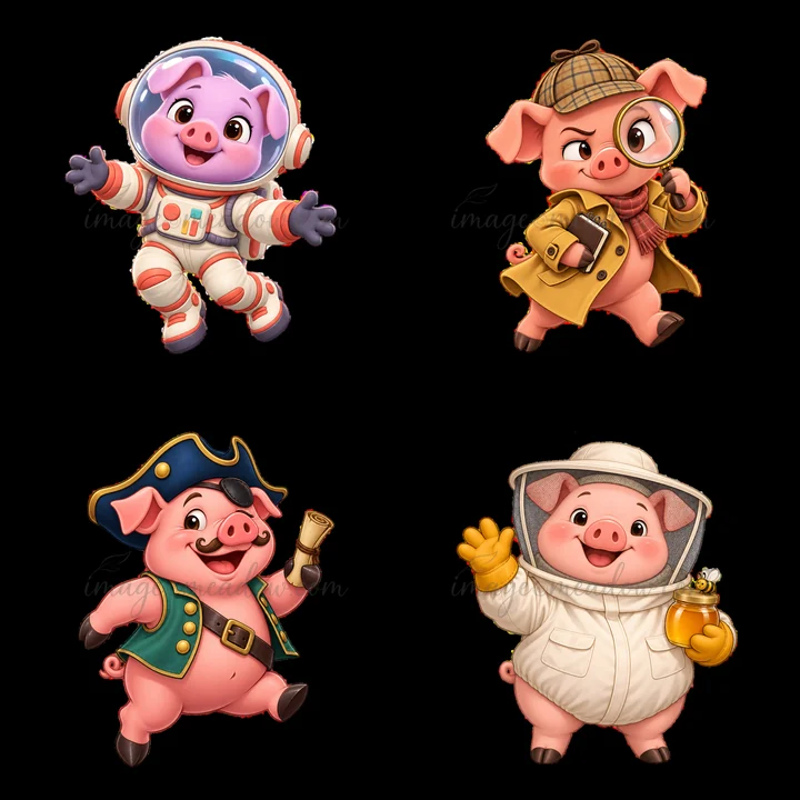 Four cartoon pigs are dressed in unique costumes: an astronaut, a detective, a pirate, and a beekeeper. They are smiling and cheerful, inviting fun and creativi