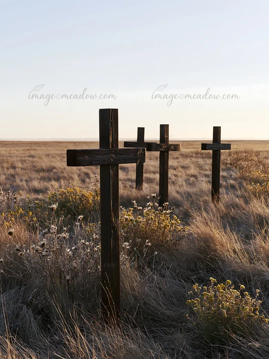 Four wooden crosses stand in a meadow with dry grass and bushes. The scene captures the natural environment during the Christmas season. The sun is low on the h