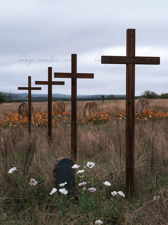 Four wooden crosses stand in a meadow with flowers in the foreground. The setting features a cloudy sky and rolling hills in the background, typical of a rural