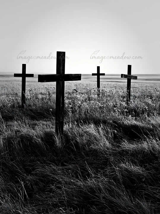 Four wooden crosses stand in a meadow filled with tall grass. The scene captures the essence of Christmas with a simple, solemn atmosphere. The location is sere