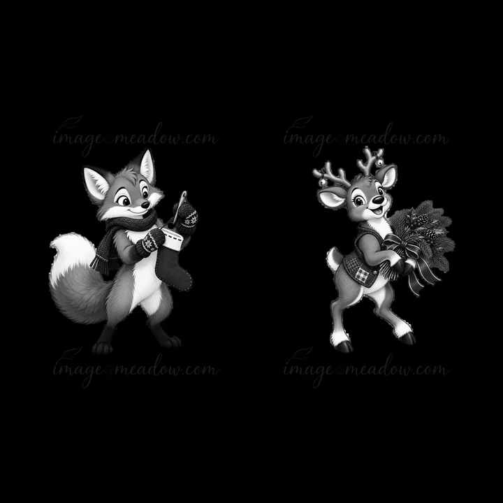 A cartoon fox stands on the left holding a Christmas stocking while a deer on the right holds a wreath decorated with ribbons. Both characters are engaged in fe