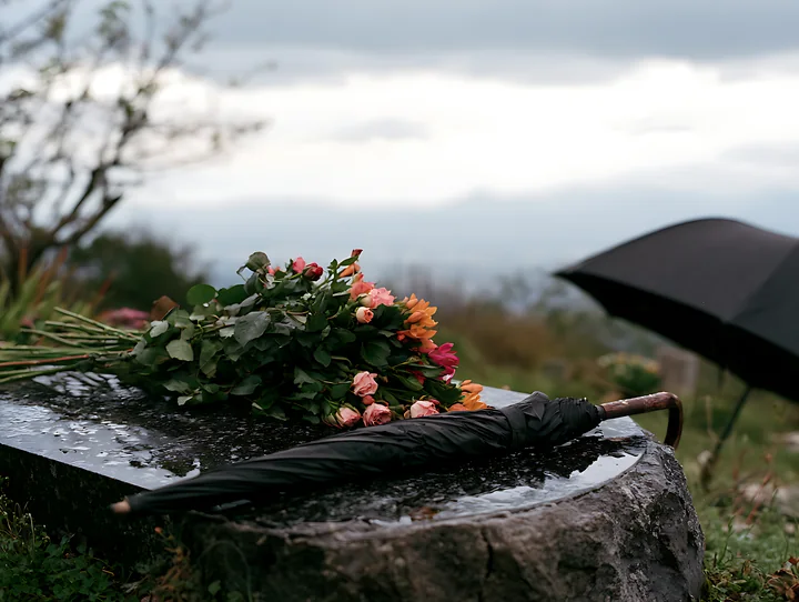 Fresh flowers and a closed black umbrella rest on a wet grave beneath an overcast sky.