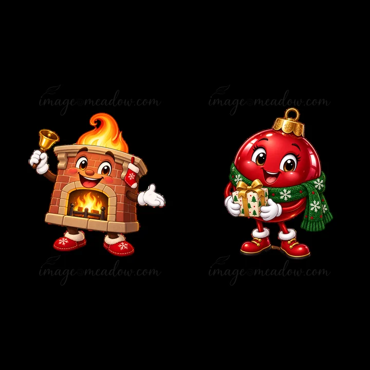 A cartoon fireplace character with flames and a bell stands joyfully. Next to it is a festive ornament character holding a gift. Both characters are vibrant and