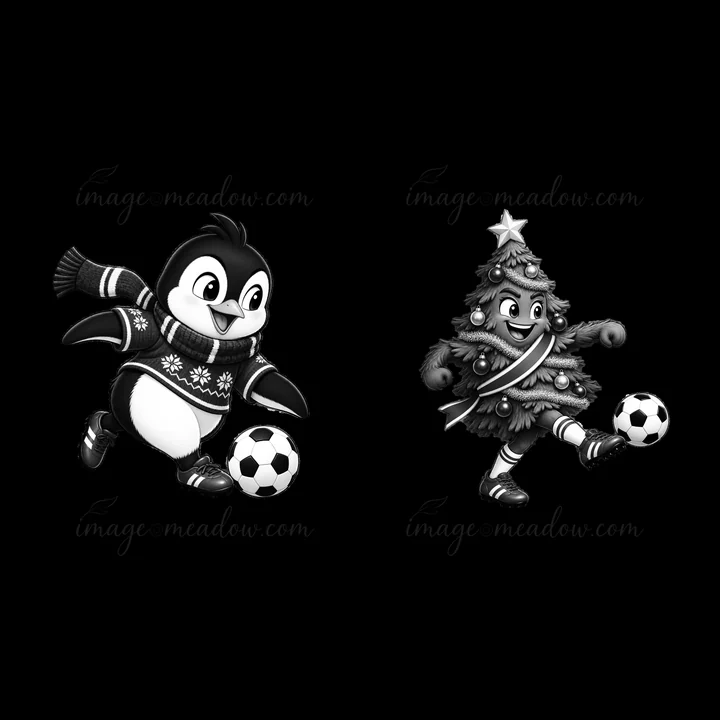 A cartoon penguin and a Christmas tree character are playing soccer. The penguin wears a sweater and runs with a soccer ball while the tree character sports dec