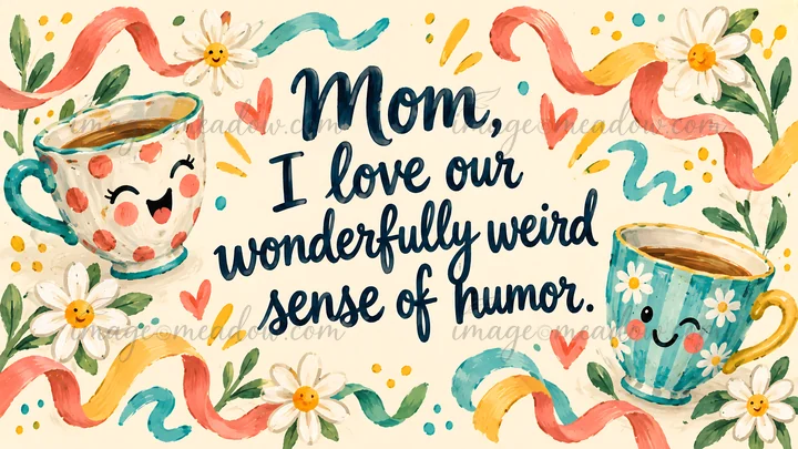 A playful hand-painted style greeting illustration reads “Mom, I love our wonderfully weird sense of humor.” Smiling coffee cups, daisies, hearts, leaves, and c