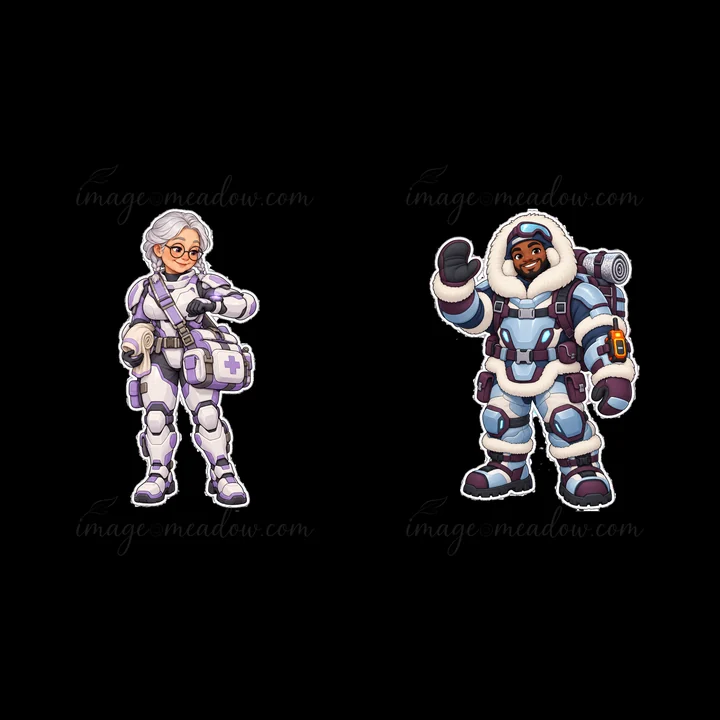 A female super-soldier in white and purple gear holds a medical kit. A male super-soldier in a blue and white outfit waves with a friendly smile. Both character