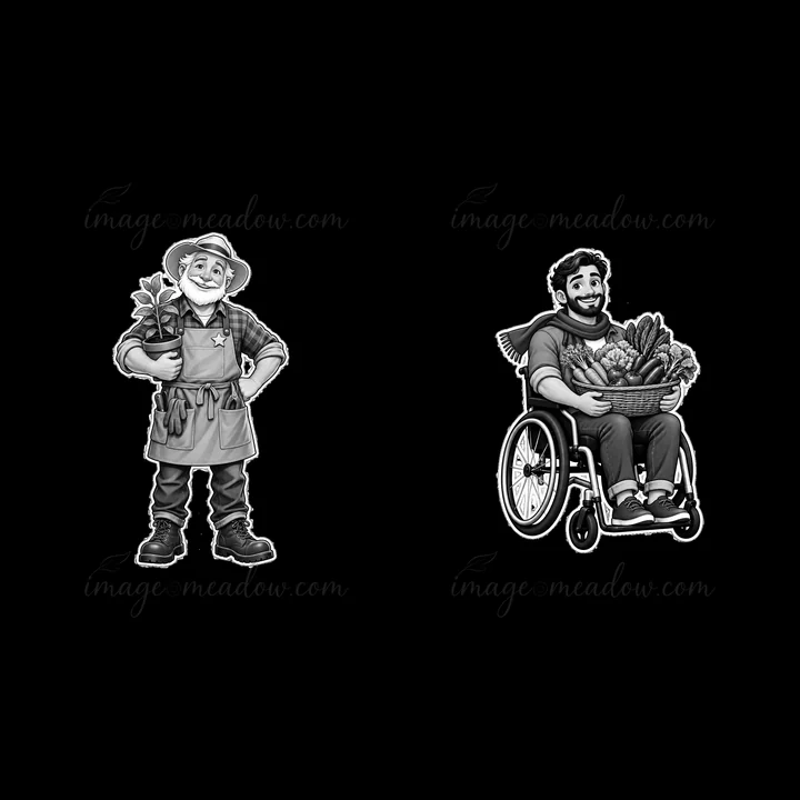 Two cartoon characters showcase their gardening skills. One is an older man holding a potted plant, while the other is a young man in a wheelchair carrying a ba
