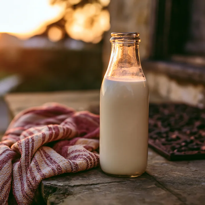 Glass milk bottles on a doorstep at sunrise show the morning light reflecting off the surface.