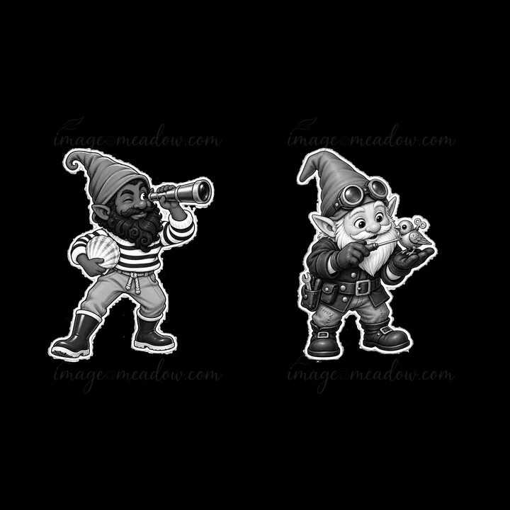 Two gnomes are featured in a cartoon design. One gnome wears a striped shirt and looks through a telescope. The other gnome holds a snail and wears goggles. Bot