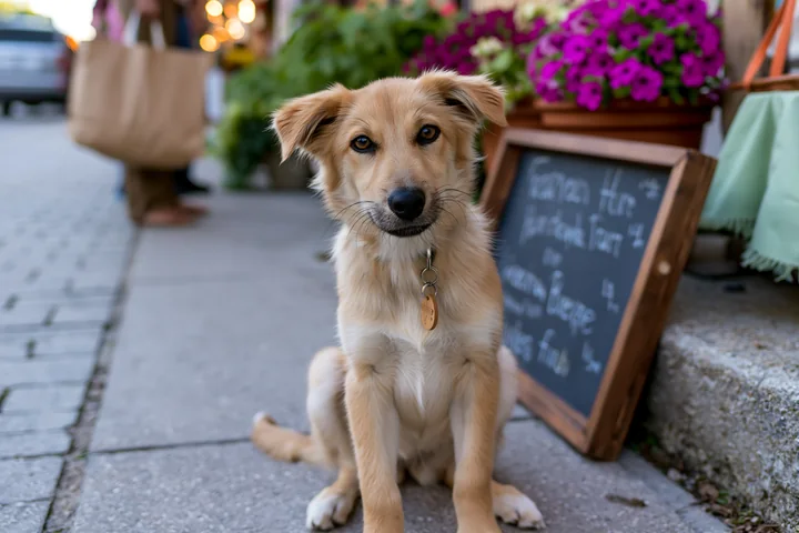 Golden dog sitting on a paved walkway beside flowers and a chalkboard sign at an outdoor market.