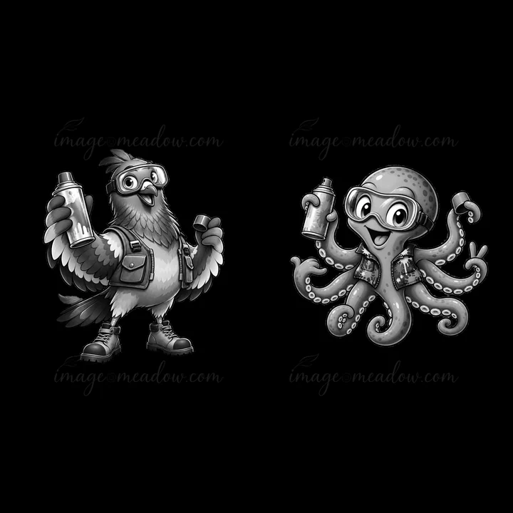 Two cartoon characters stand side by side. A bird and an octopus each hold a spray can. They wear practical gear and goggles, ready to create graffiti art. The