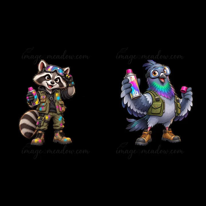 A raccoon and a pigeon stand side by side, both holding colorful spray paint cans. The raccoon wears goggles and a green vest, while the bird has glasses and a