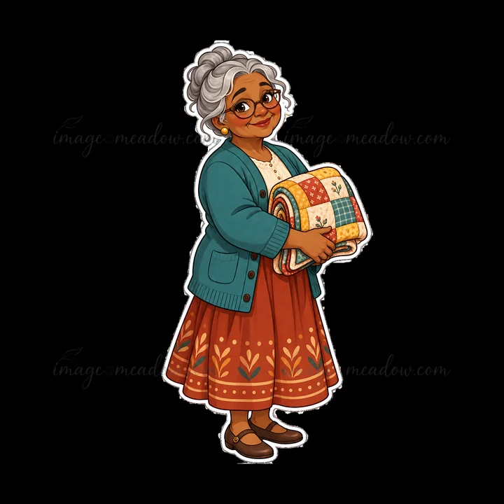 A grandmother stands with a colorful quilt in her arms. She has gray hair and glasses, wearing a cozy blue cardigan over a brown skirt decorated with floral pat