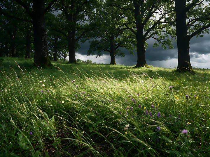 Grasses sway gently in a shaded meadow in woodland clearing as dark clouds loom overhead.