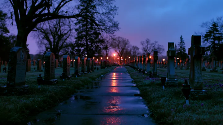 Graves of soldiers are seen in a cemetery at night, surrounded by trees and illuminated by soft lights.