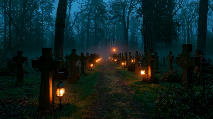 Graves with wooden crosses line a path in a dark forest setting at night.