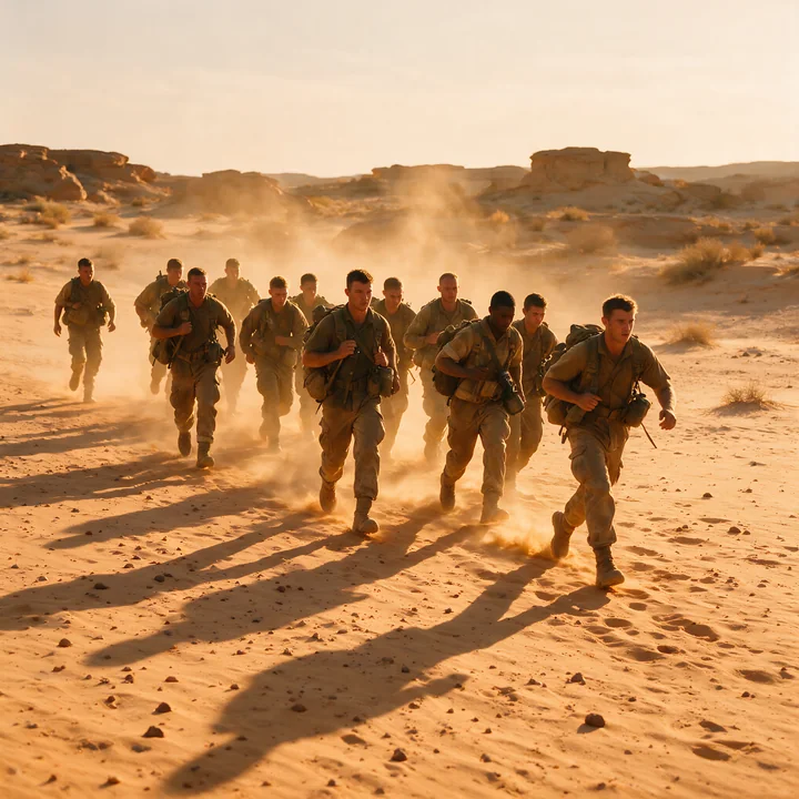 Group of soldiers marching together through a dusty rocky desert at golden hour