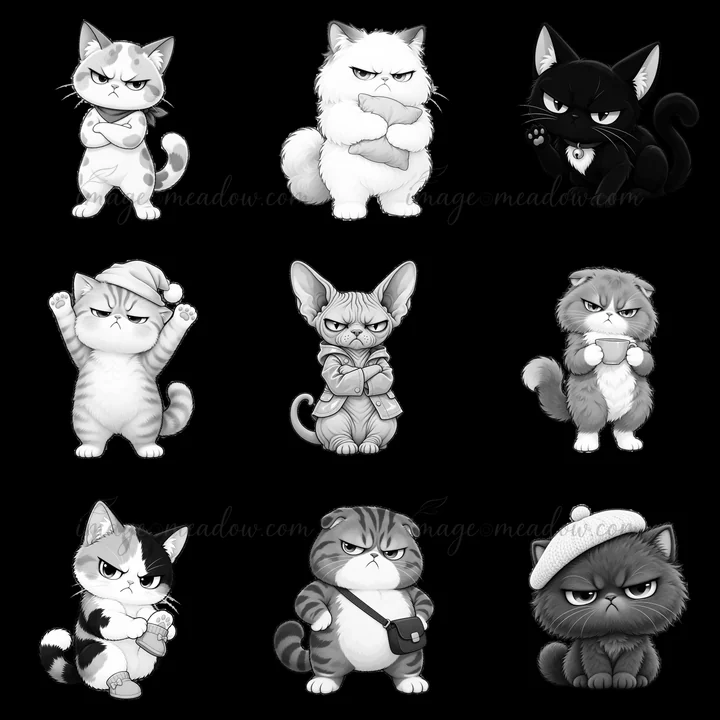 Nine grumpy cat stickers are displayed in a 3x3 layout. Each cat shows a unique expression and pose, all in black-and-white style. Different accessories are see