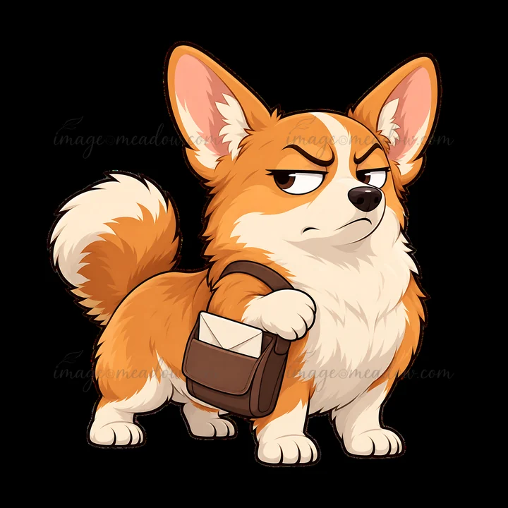 A grumpy corgi stands with a bag slung over its shoulder. The corgi has an annoyed expression, and its fluffy tail is curled behind it. The character is designe